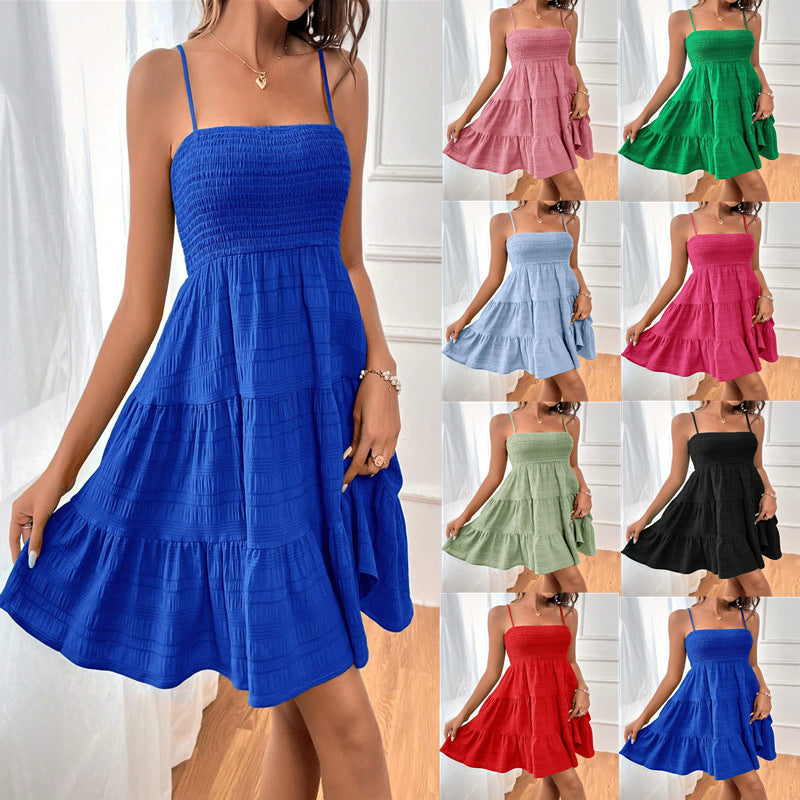 Square-collar Spaghetti Strap Pleated Dress