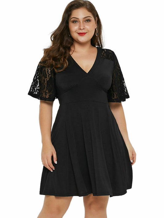Plus Size V-Neck Short-Sleeved Lace Dress