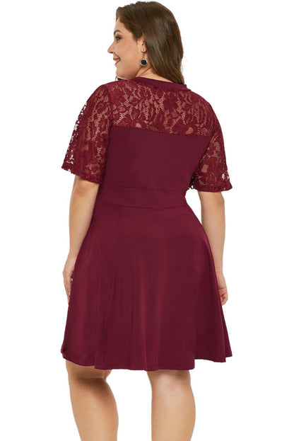 Plus Size V-Neck Short-Sleeved Lace Dress