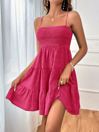 Square-collar Spaghetti Strap Pleated Dress