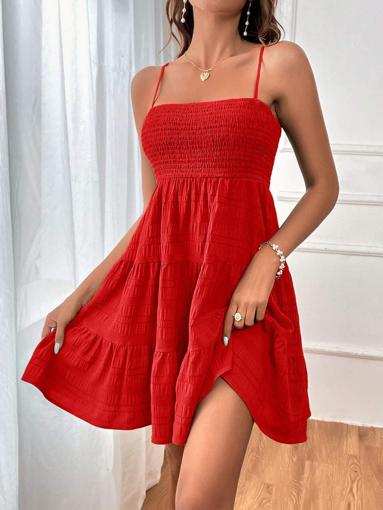 Square-collar Spaghetti Strap Pleated Dress