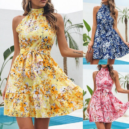 Halter Floral Print Chiffon Dress