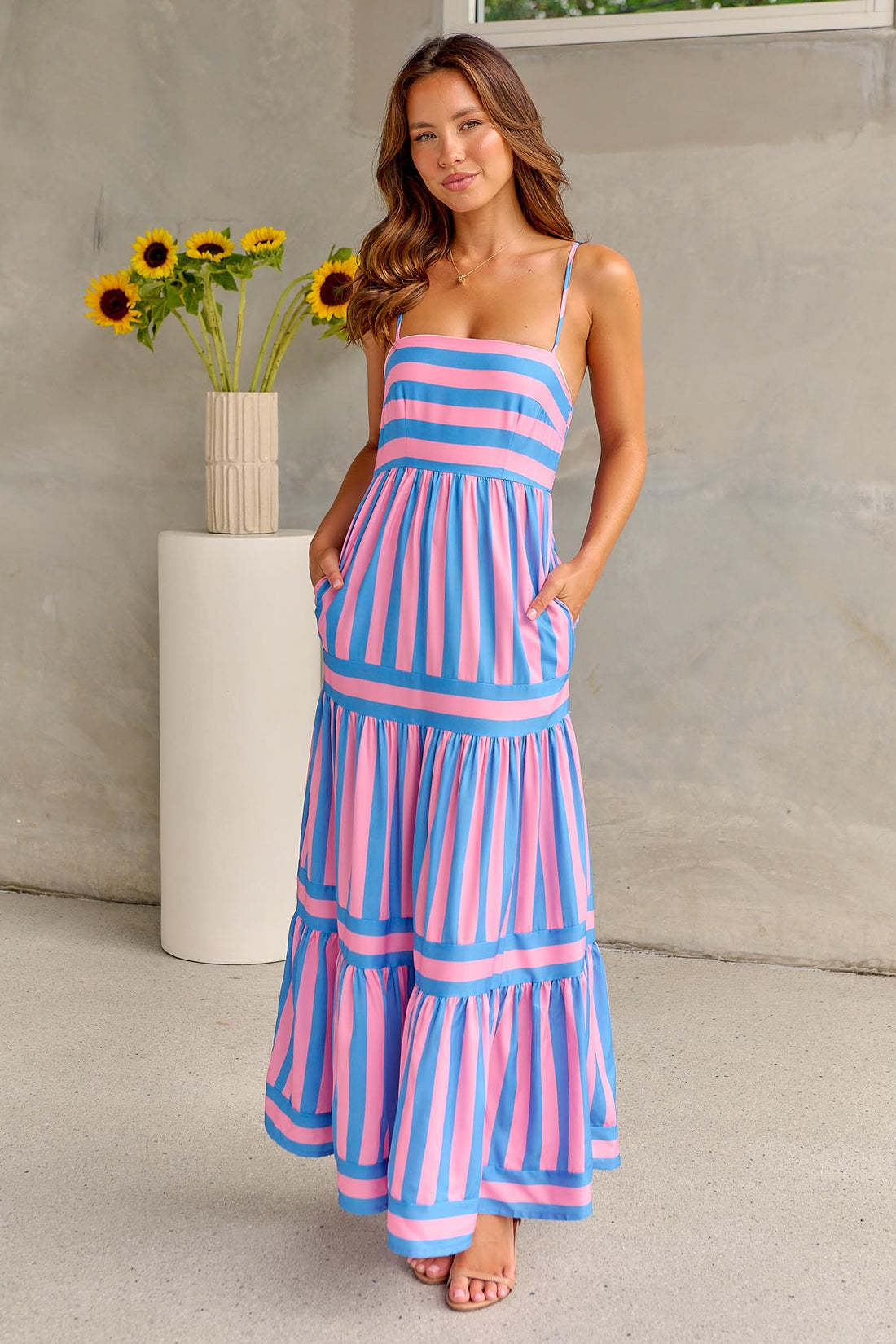 Summer Striped Printed Suspender Long Dress With Pockets