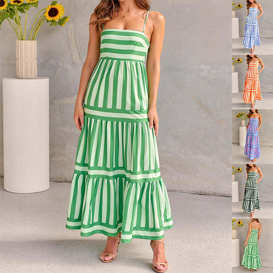 Summer Striped Printed Suspender Long Dress With Pockets