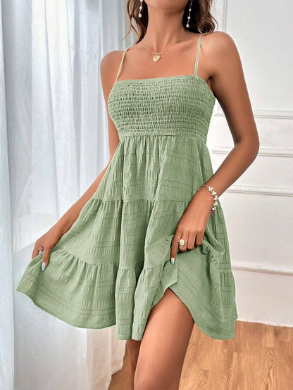 Square-collar Spaghetti Strap Pleated Dress