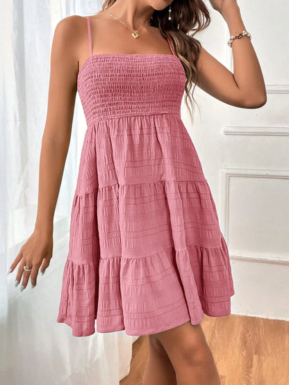 Square-collar Spaghetti Strap Pleated Dress