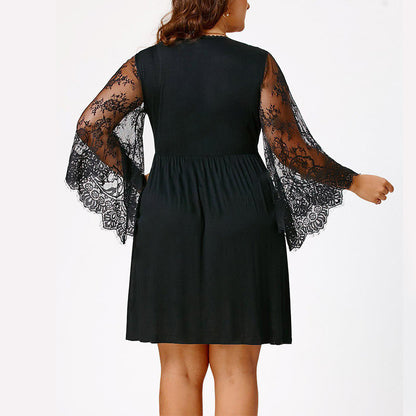 Plus Size Women's Patchwork Lace Long Sleeve Dress